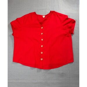 Dizzy Gal Womens‎ 3X Red Cotton Button Up Blouse Short Sleeve Smocked Back Top